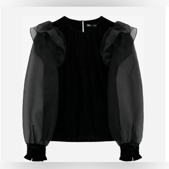 NWOT Zara Velvet blouse with Sheer Puffy Sleeves. Color Black / Size Small - Picture 1 of 10